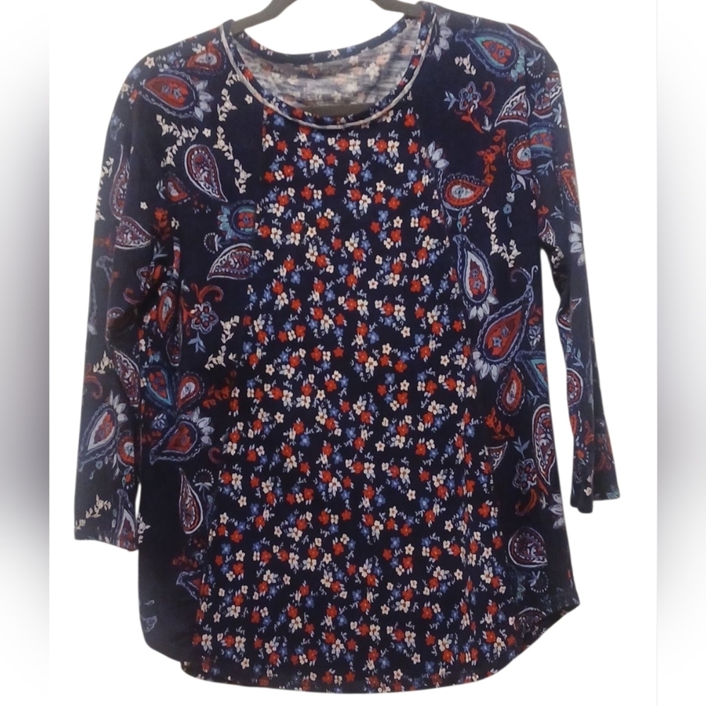 Westbound - NWT,  Blue Floral & Paisley Print Blouse, 3/4 Sleeves, Round...